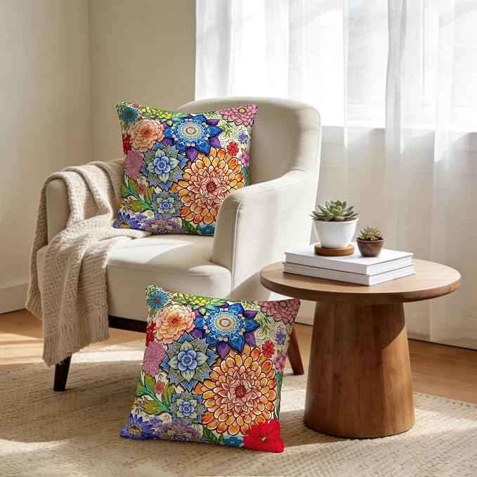 Colorful Boho Mandala Floral Throw Pillow Covers 18x18 Set of 2, Spring Easter - Image 2