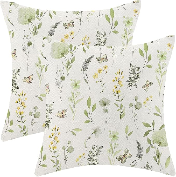 AEIOAE Spring Pillow Covers 18x18 Inch Set of 2, Sage Green Yellow Wild Flower by AEIOAE