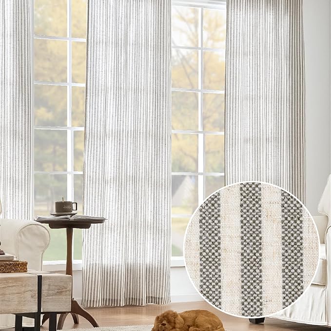 jinchan Linen Curtains Charcoal Grey on Beige Striped Curtains - Image 7