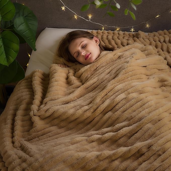 NEWCOSPLAY Super Soft King Blanket Brown Premium Silky Flannel Fleece 3D Ribbed - Image 2