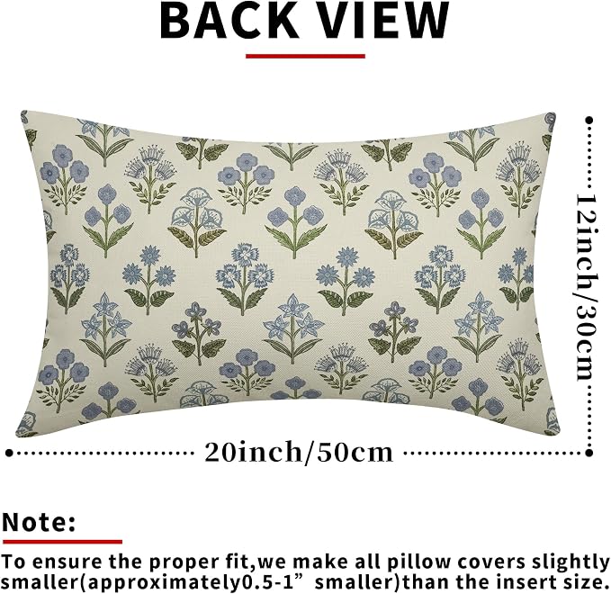Blue Green Block Print Lumbar Pillow Covers 12x20 Inch Set of 2, Vintage Floral - Image 4