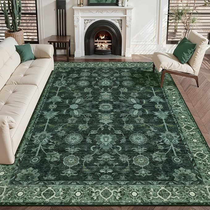 Tangsoo 4x6 Washable Area Rugs Non Slip, Boho Distressed Vintage Green Floral by Tangsoo