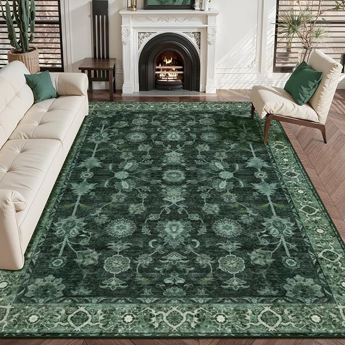 Tangsoo Washable Area Rug 3x5 Non Slip, Boho Distressed Vintage Green Floral by Tangsoo