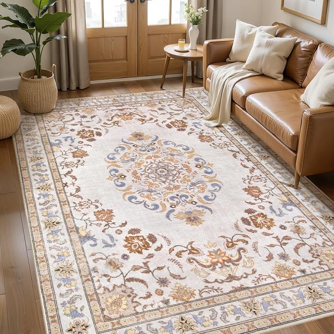 Tangsoo Washable Area Rugs 4x6 Non Slip, Boho Vintage Beige Neutral 4 x 6 Throw by Tangsoo