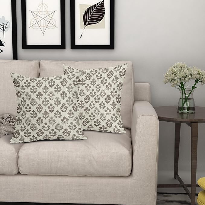 Dark Brown Floral Pillow Covers 16x16 Inch Set of 2, Vintage Flower Block Print - Image 7