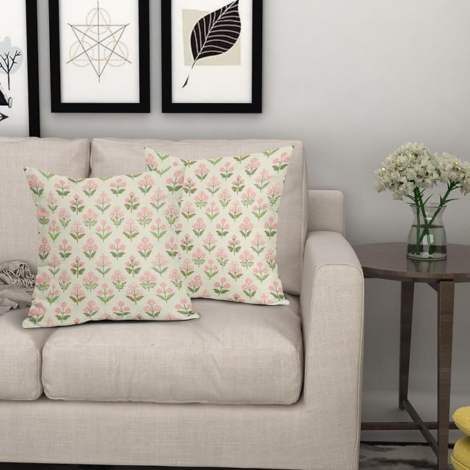 Pink Green Block Print Pillow Covers 20x20 Inch Set of 2 Vintage Floral - Image 7