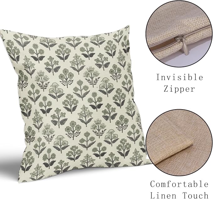 Black Sage Green Floral Block Print Pillow Covers 22x22 Inch Set of 2, Vintage - Image 4