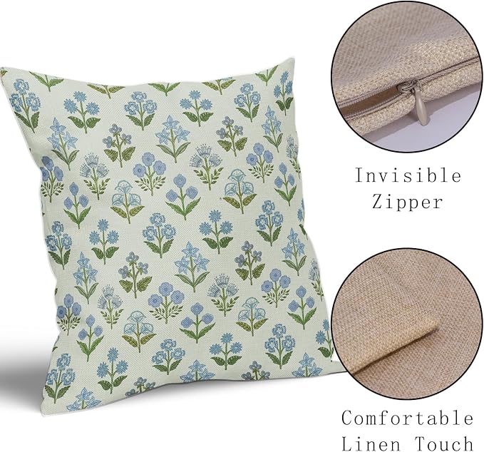 Blue Green Block Print Pillow Covers 24x24 Inch Set of 2, Vintage Floral Spring - Image 4