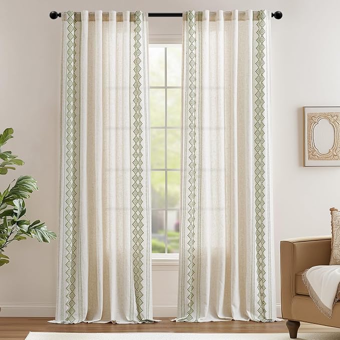jinchan Boho Curtains Linen Blend Beige Farmhouse Curtains 96 Inches Long - Image 2