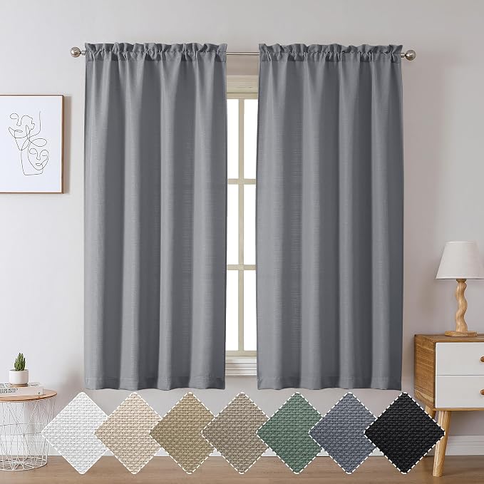 Chyhomenyc Dark Grey Curtains 63 Inch Length 2 Panels, Faux Linen Textured Semi - Image 2