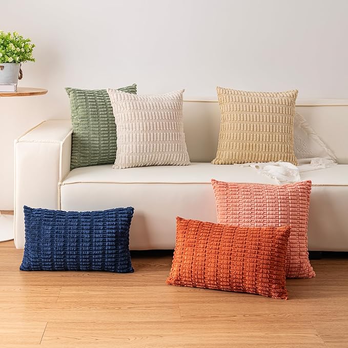Pack of 2 Corduroy Decorative Throw Pillow Covers 18x18 InchSoft Boho Striped - Image 6