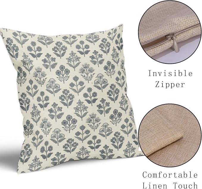Dusty Blue Floral Pillow Covers 16x16 Inch Set of 2, Vintage Flower Block Print - Image 4