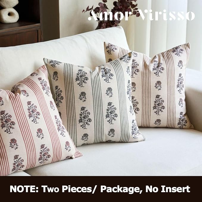 Amor Virisso Floral Throw Pillow Covers 20x20 Set of 2 Block Print Pillow - Image 3