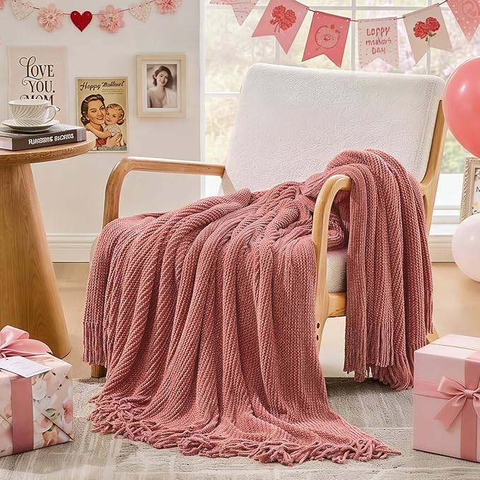 inhand Coral Pink Chunky Chenille Throw Blanket - Image 3