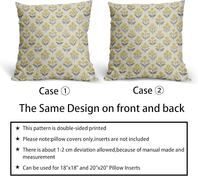 Yellow Grey Gray Floral Block Print Pillow Covers 18x18 Inch Set of 2, Vintage - Image 6