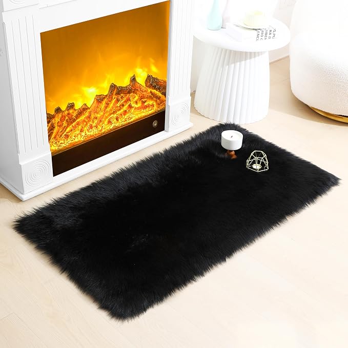 Fluffy Faux Fur Rug Black Sheepskin Area Rug, 2x4 Ft Ultra Soft Shaggy Plush Rug - Image 8