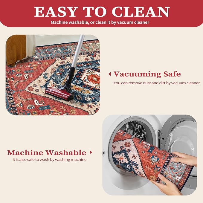 SERISSA Washable Rugs 9x12 Area Rugs, Large Non-Slip Boho Living Room Rust Rug - Image 4