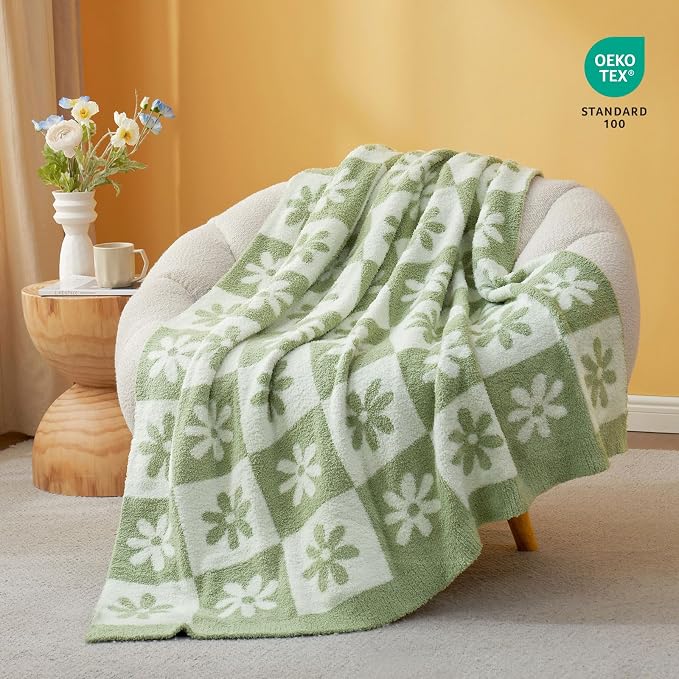 Snuggle Sac Checkered Blanket, Sage Green Flower Throw Blanket - Image 4