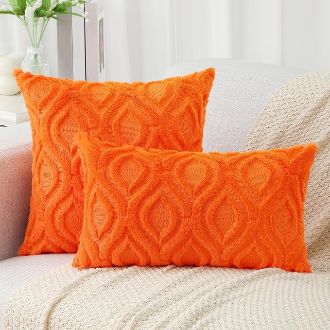 decorUhome Throw Pillow Covers 16x16 Inch Set of 2, Soft Plush Faux Wool Orange - Image 6