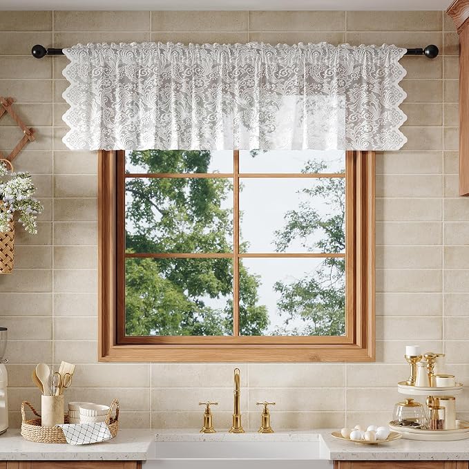Rinwoc White Lace Semi-Sheer Valance Cafe Curtains – Vintage Floral Lace Valance by Rinwoc