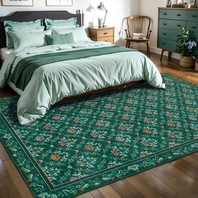 Tangsoo 2x3 Small Washable Entry Rug, Non Slip Green Floral Throw Area Rugs - Image 9