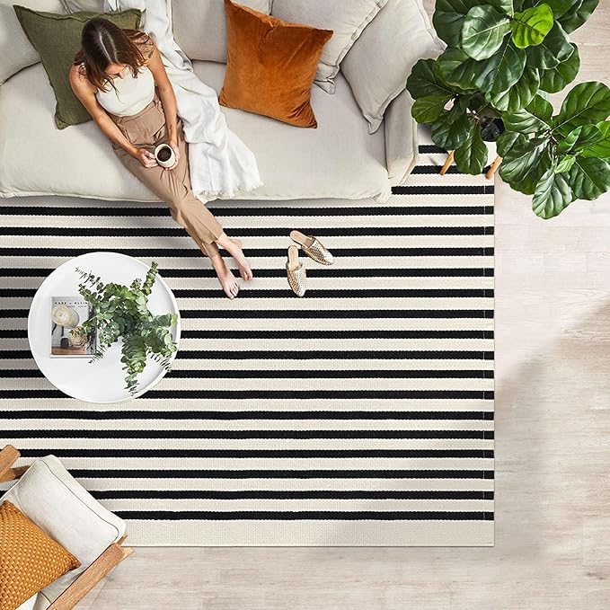 IOHOUZE Black Beige Striped Rug -4'x6' Front Door Rugs Outdoor, Washable Area - Image 3