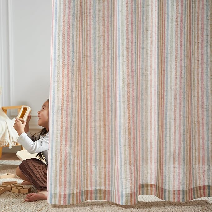 JINCHAN Linen Curtains for Living Room, Candy Striped Curtains 96 inch Length - Image 2