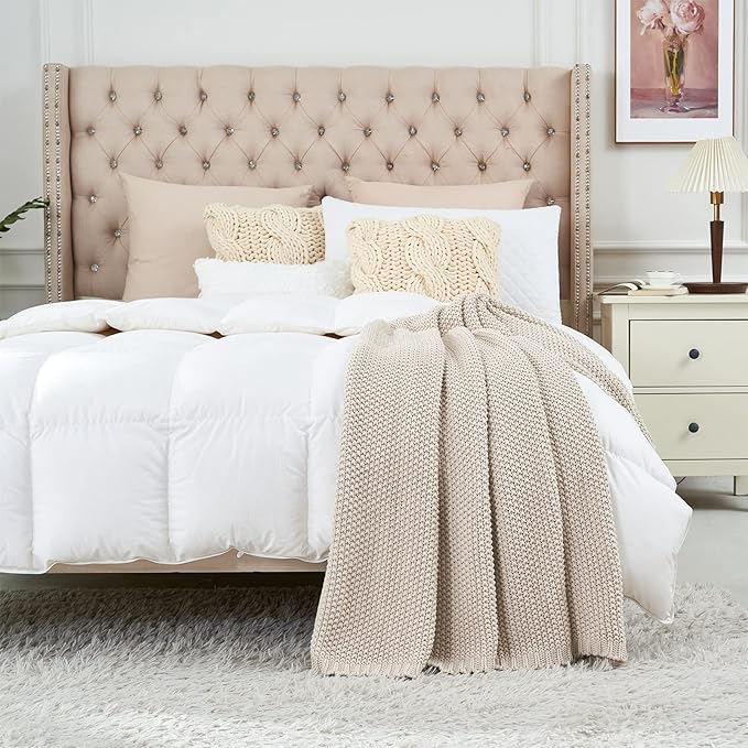 Chunky Cable Knit Throw Blanket Lightweight Beige 100% Organic Cotton Blanket - Image 5