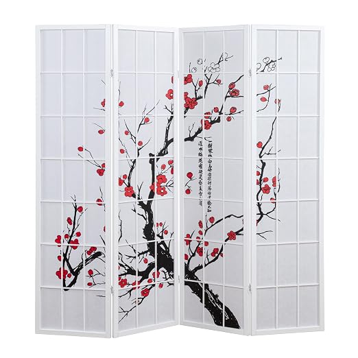 Roundhill Furniture White Japanese 4-Panel Screen Room Divider, Plum Blossom - Image 4