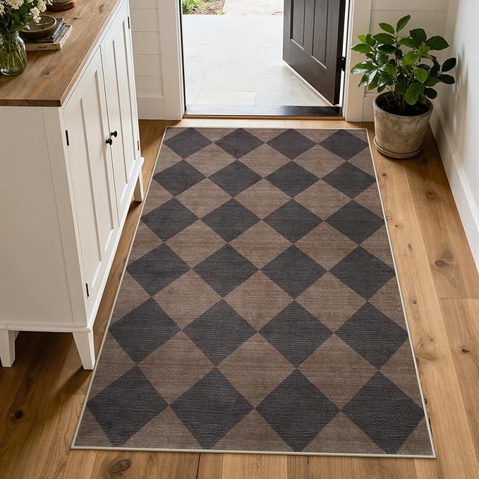 Beeiva Checkered Print Entry Rug 3x5, Non Slip Washable Kitchen Rug 3x5 Stain by Beeiva