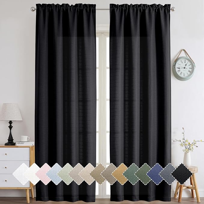 Chyhomenyc Black Curtains 96 Inch Length 2 Panels, Faux Linen Textured Semi - Image 2