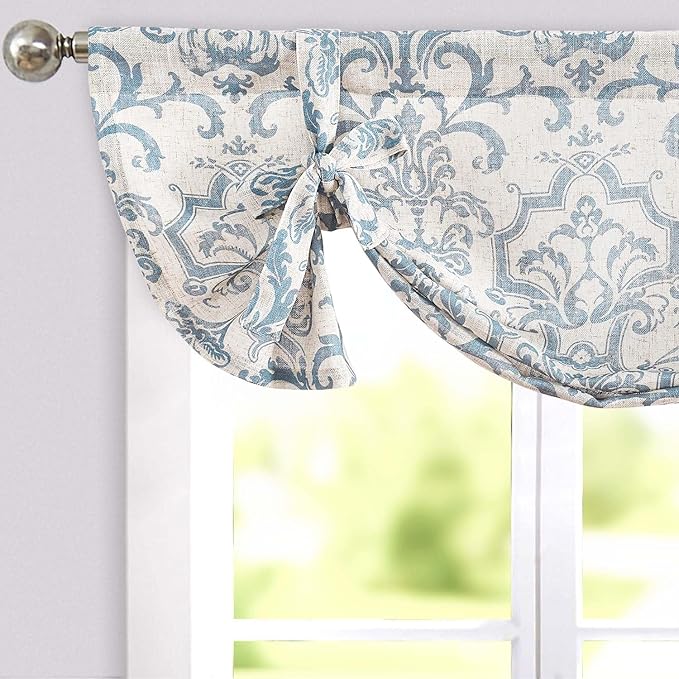 jinchan Linen Tie Up Valance for Flax Floral Drapes Vintage Farmhouse Medallion by JINCHAN