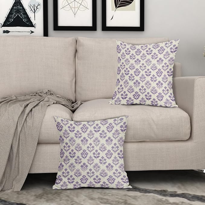 Purple Floral Block Print Pillow Covers 20x20 Inch Set of 2, Vintage Flower - Image 3