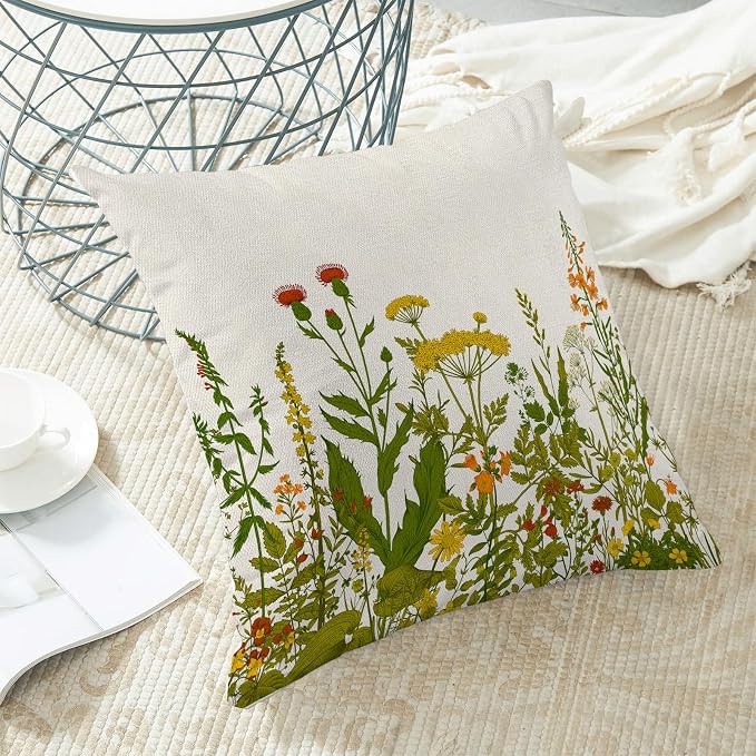 AEIOAE Yellow and Green Pillow Covers 20x20 Inch Set of 2, Spring Wildflower - Image 4