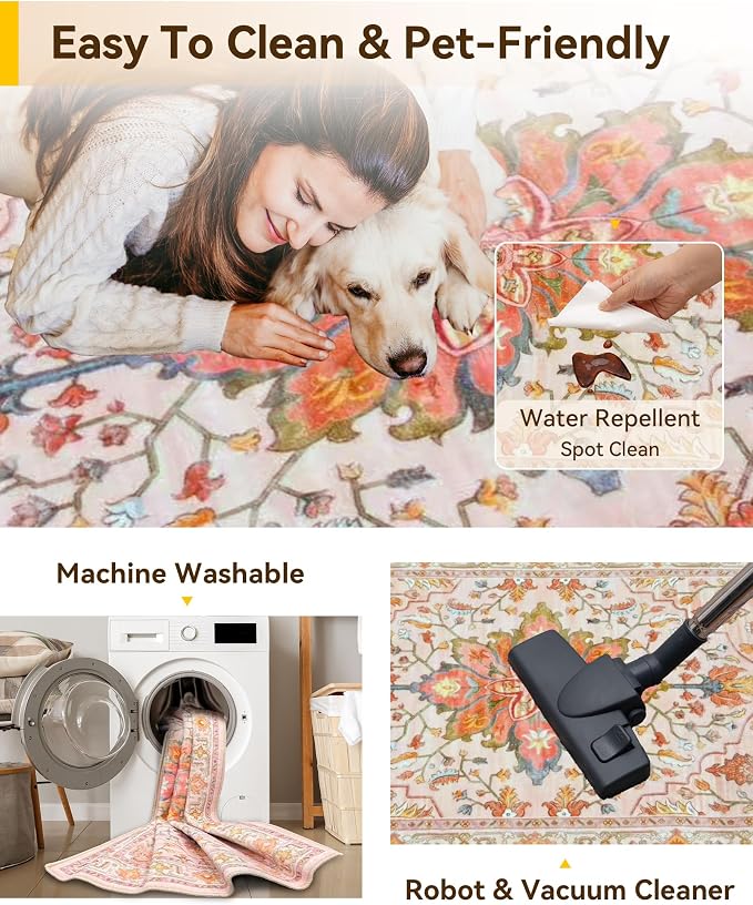 RELEANY Area Rugs 9'x12' Washable Non-Slip, Floral Vintage Distress Print - Image 4