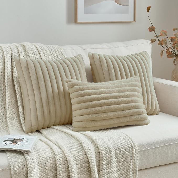FUTEI Beige Decorative Throw Pillow Covers Set of 2, 12x20 Inch Soft Fluffy - Image 4