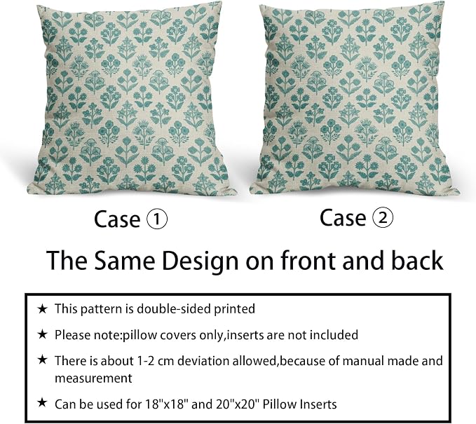 Teal Floral Pillow Covers 16x16 Inch Set of 2, Vintage Flower Block Print - Image 6