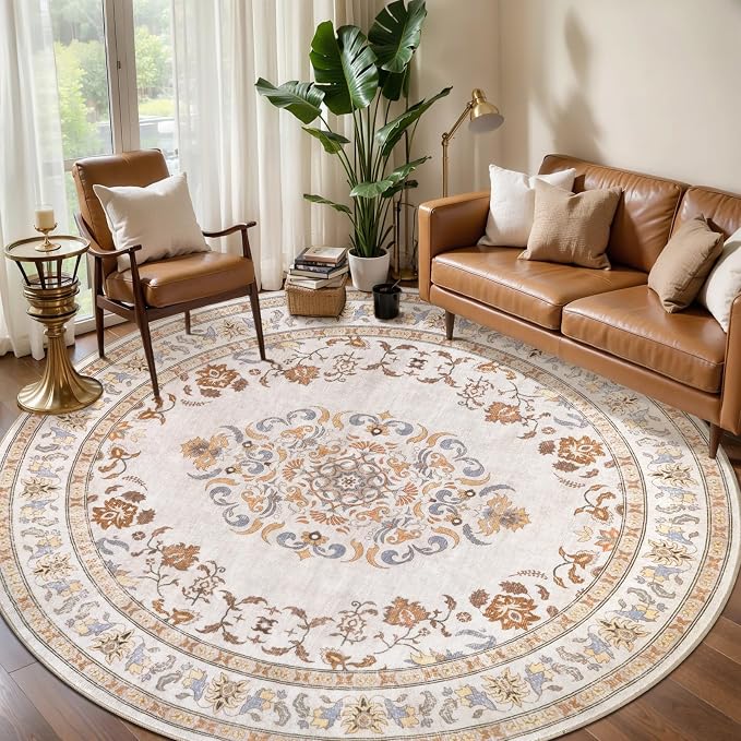 Tangsoo Vintage Round Rug 6ft Washable Circle Rug, Non Slip Small Beige Round - Image 2