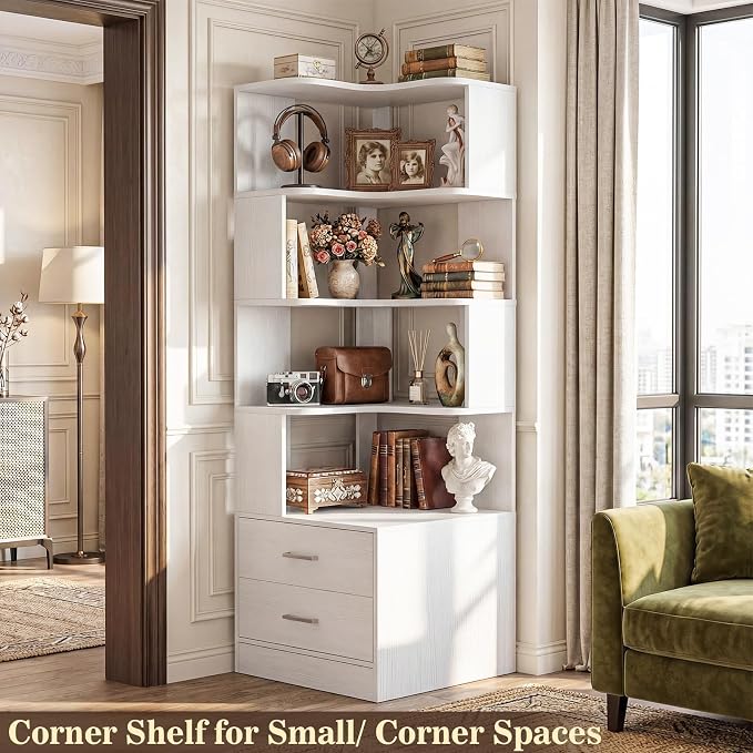 Armocity Corner Bookshelf with Drawers, 7 Tier Corner Book Shelf Display - Image 4