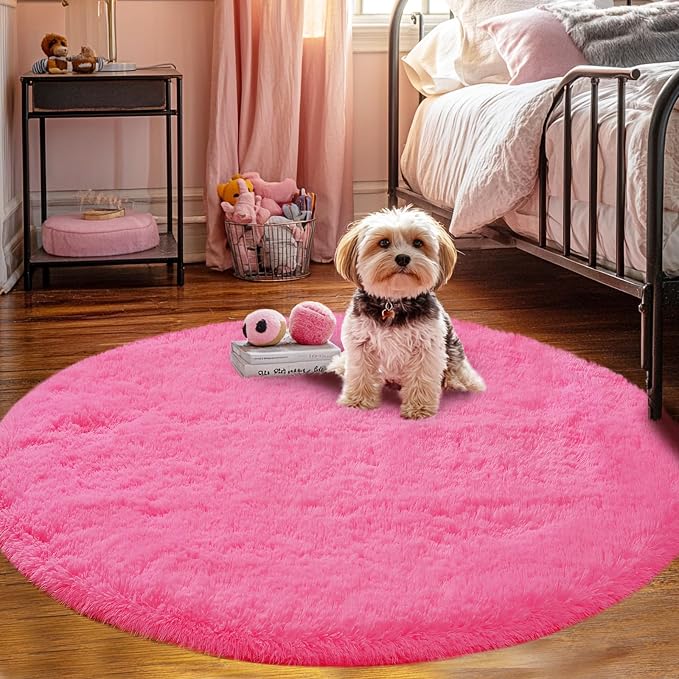 Round 4x4ft Fluffy Hot Pink Rug: Ultra Soft Furry Girls Bedroom Carpet- Oval - Image 3
