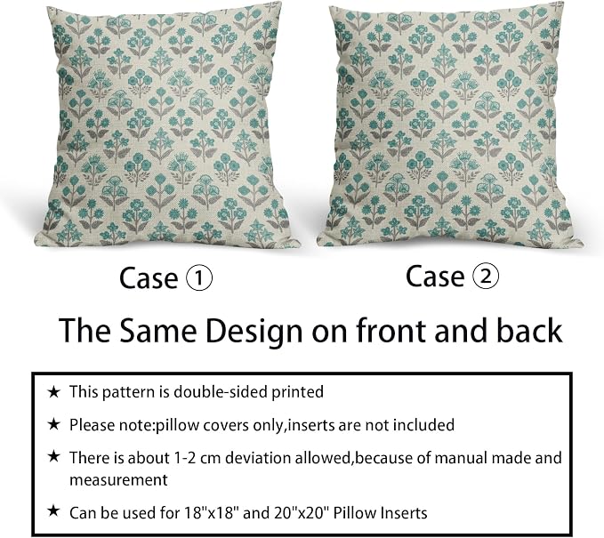 Teal Grey Gray Floral Block Print Pillow Covers 18x18 Inch Set of 2, Vintage - Image 6
