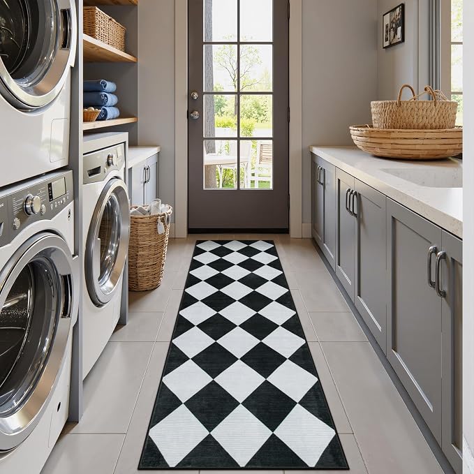Beeiva Checkered Print Black Bathroom Runner Rug 2x6, Washable Ultra Thin Non - Image 5