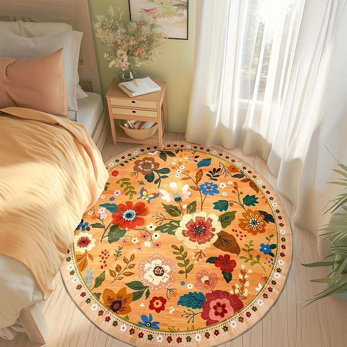 RELEANY Floral Nursery 6ft Area Rugs Washable Print Boho Cute Carpet Non Slip - Image 2