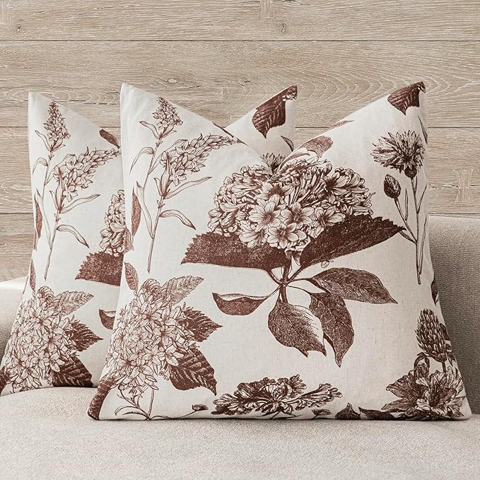 Foindtower Set of 2 Linen Floral Throw Pillow Covers Neutral Vintage Print by Foindtower