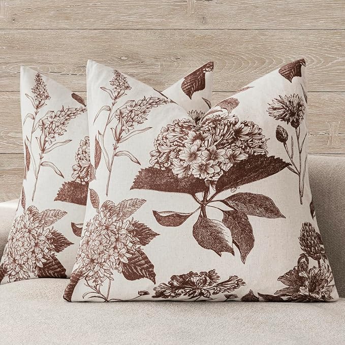 Foindtower Set of 2 Linen Floral Throw Pillow Covers Neutral Vintage Print by Foindtower