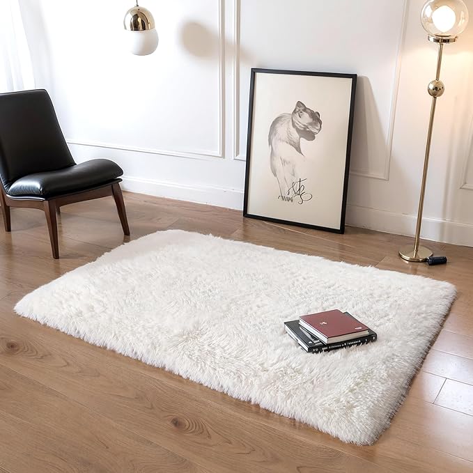 KICHOWUA Thick Area Rug 5x7 Cream White Fluffy Shag - Image 8