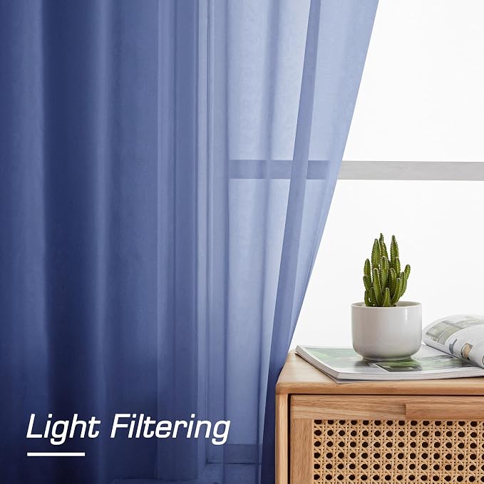 OWENIE Blue Sheer Curtains 96 Inch Long 2 Panels Set, Light Filtering Rod - Image 2