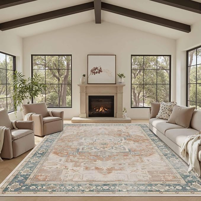 Rugxara 8X10 Orange Boho Rug, Large Washable Area Rugs - Image 5