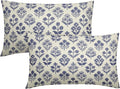 Navy Blue Floral Pillow Covers 12x20 Inch Set of 2, Block Print Lumbar Flower by Sivirary