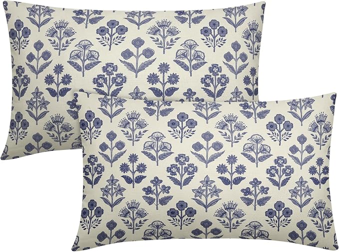 Navy Blue Floral Pillow Covers 12x20 Inch Set of 2, Block Print Lumbar Flower by Sivirary